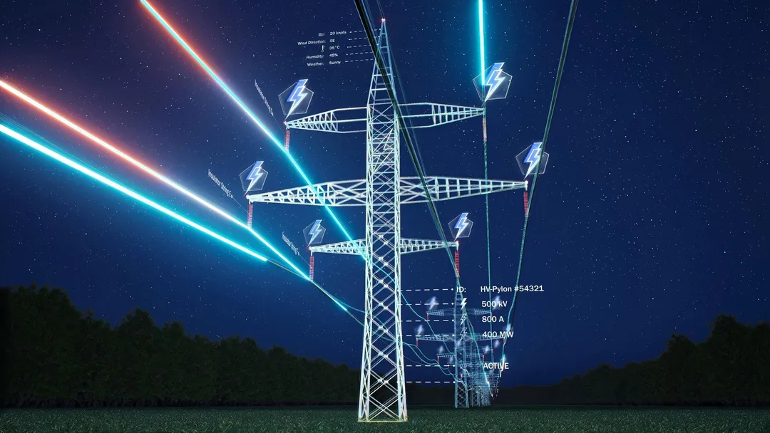 Torres de transmisión de alta tensión de noche con datos superpuestos en las líneas eléctricas