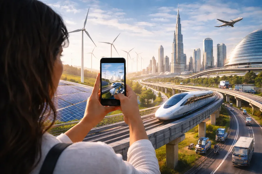 Tren de alta velocidad, aerogeneradores y parques solares alrededor de una ciudad moderna