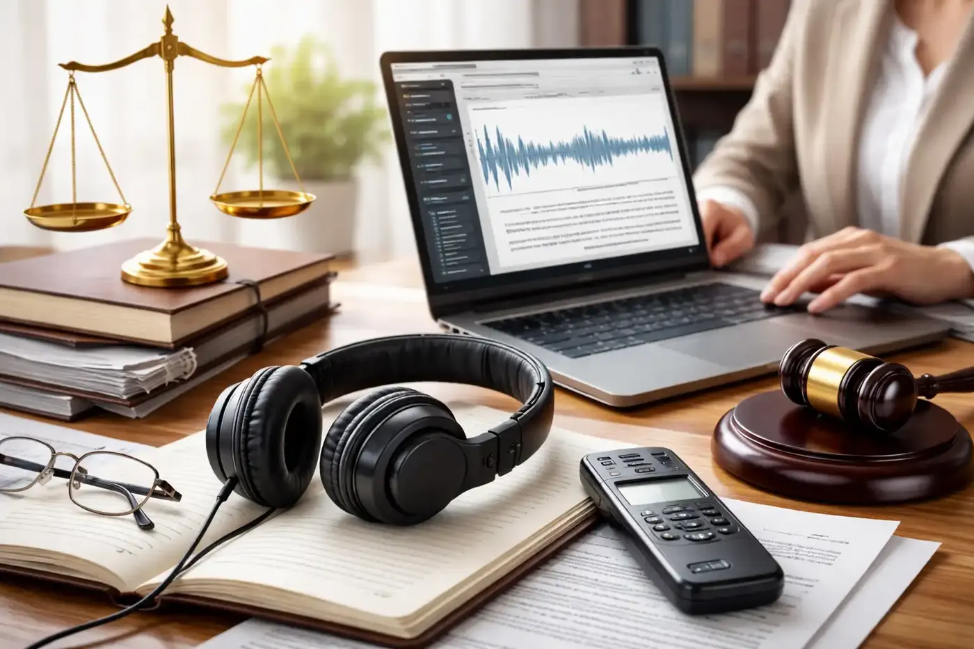 Audífonos, un mazo y una computadora portátil con un archivo de audio sobre un escritorio jurídico