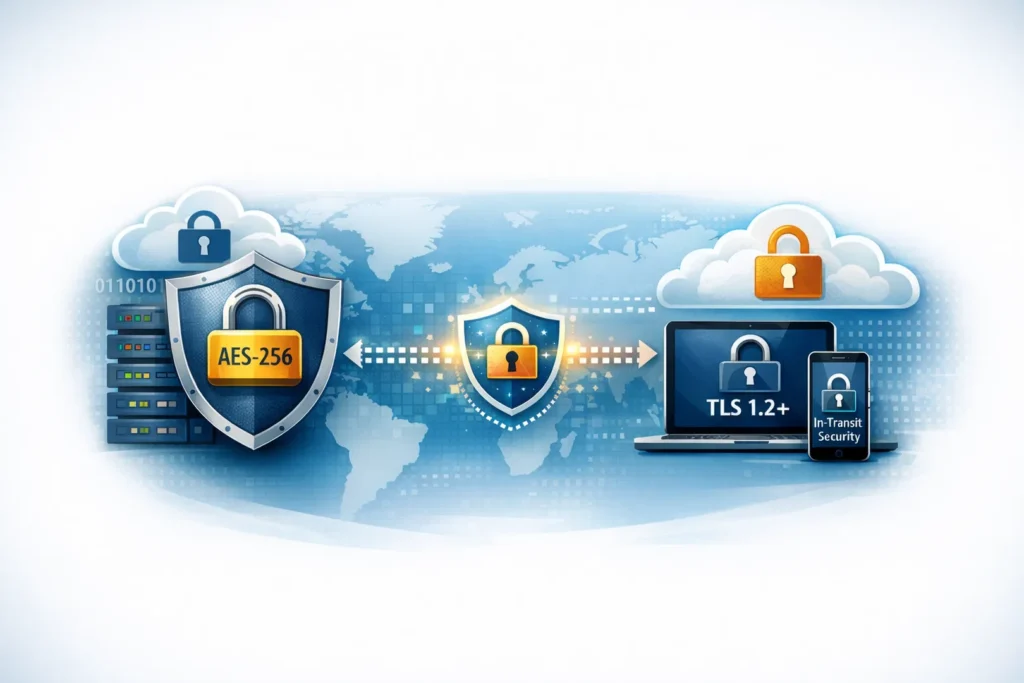 Cifrado AES-256 en reposo y cifrado TLS 1.2+ en tránsito entre servidores y dispositivos